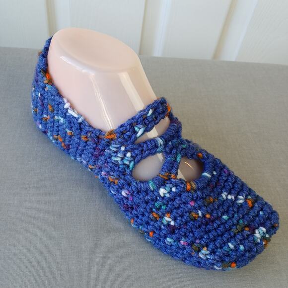 Navy Speckle Ballet Style Crochet Slippers sz 7 square toe premade Posh Hooking - Picture 2 of 9